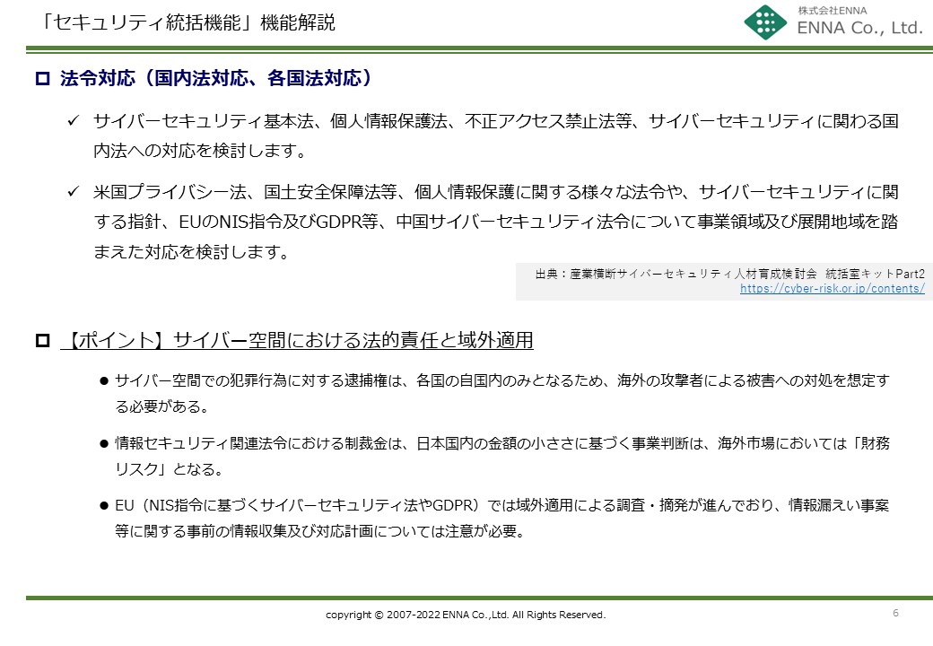セキュリティ統括機能 法令対応（国内法対応、各国法対応）